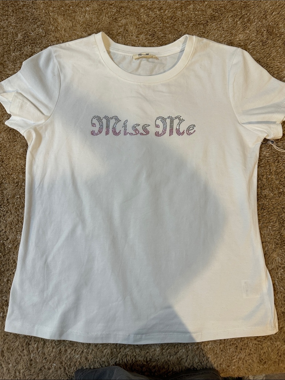 Miss Me White Tee with Pink Rhinestone Logo. Size Large